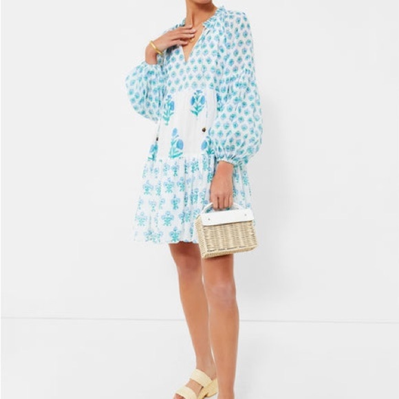 OLIPHANT
Exclusive Blue Floral Balloon Sleeve Short Mini Dress
 Women's Large - Picture 11 of 11